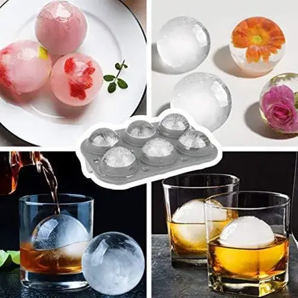 TINANA Ice Cube Tray, 2” Ice Cube Trays & 2” Ice Ball Mold, 2Pack Large Round Sphere Ice Ball Maker, Silicone Square Ice Cube Trays for Chilled Whiskey, Cocktails, Bourbon&Brandy(Gray)