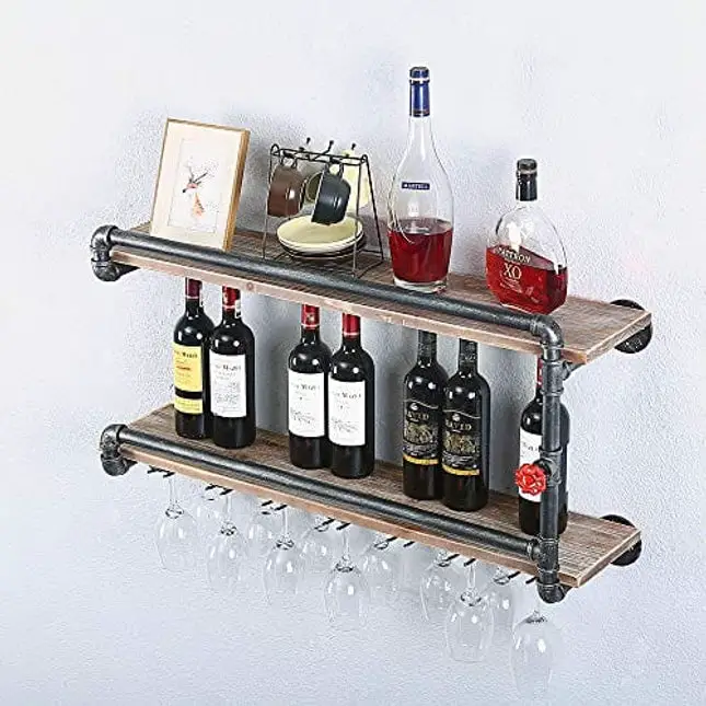 Industrial Wine Racks Wall Mounted with 7 Stem Glass Holder,2-Tiers Rustic Metal Hanging Wine Holder,36in Wall Mount Bottle Holder,Pipe Shelves Kitchen/Living Room/Home Wood Wine Shelf