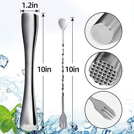 VEHHE Muddler for Cocktails, 10" Stainless Steel Cocktail Muddler and Mixing Spoon Drink Muddler with Case, Bar Tools for Cocktail, Drink, Mojito, Birthday, Party and Housewarming