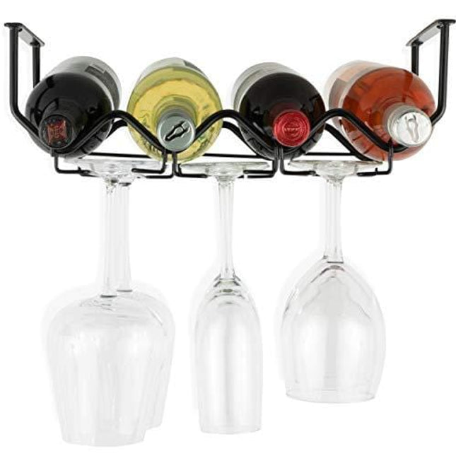 Wallniture Piccola Under Cabinet Wine Rack & Glasses Holder Kitchen Organization with 4 Bottle Organizer Metal Black