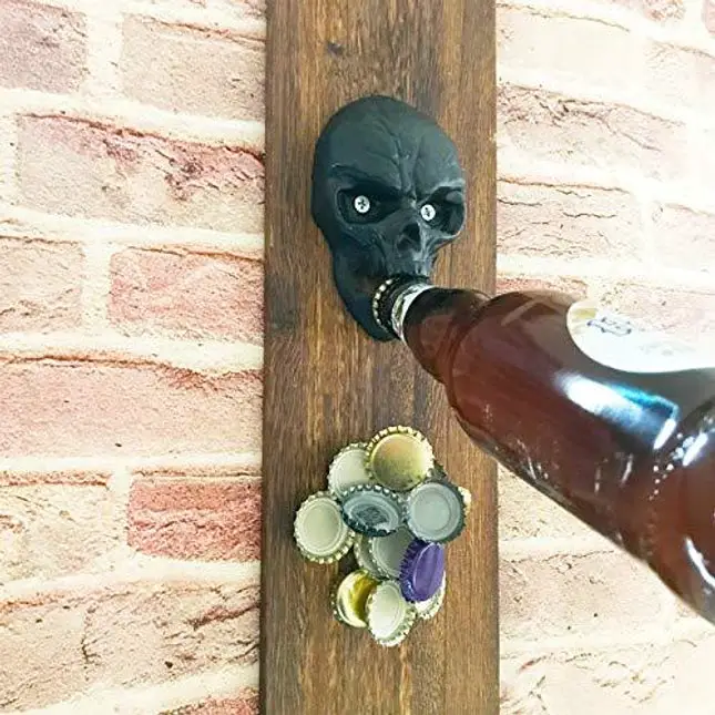 WODEGIFT Bottle Opener Wall Mounted Cast Iron With Magnetic Cap Catcher Bottle opener ，Party ，Halloween Gift (Black)