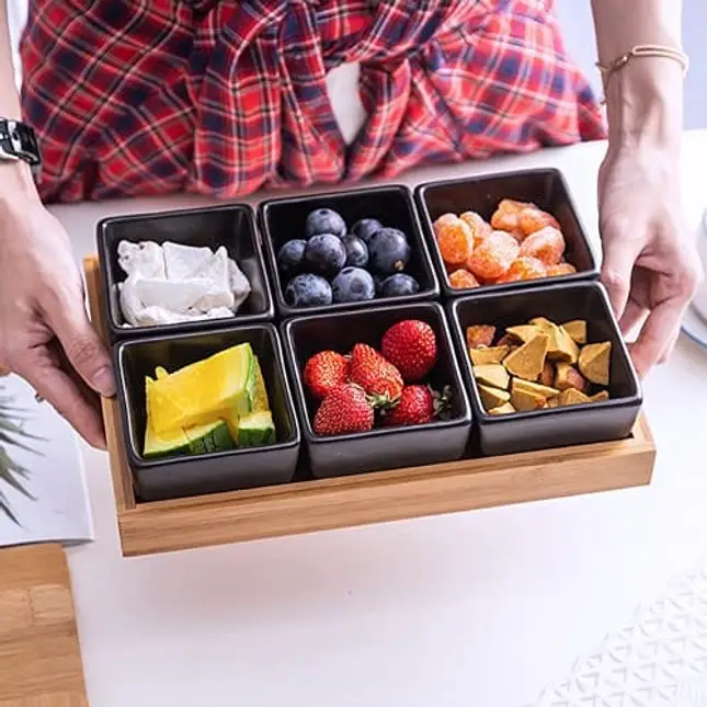 YOUEON Snack Serving Tray with 6 Compartment, Removable 5 Oz Ceramic Dip Bowls with Bamboo Pallets Divided Serving Platter for Cookies, Sauces, Appetizers, Spices, Condiments, Food, without Lid, Black