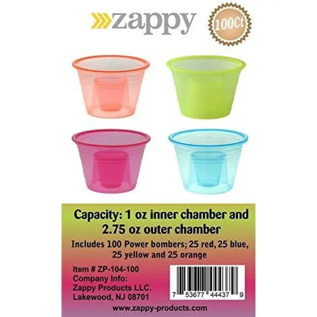 Zappy 100 Assorted Neon Colors Disposable Plastic Party Bomber Power Bomber Jager Bomb Cups Shot Glass Glasses Shot Cup Cups Jager bomb glasses Bomb shot glasses Bomber cups Bomber glasses