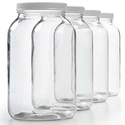 Wide Mouth 1 Gallon Glass Jar with Lid - Glass Gallon Jar for Kombucha & Sun Tea Gallon Mason Jars are Large Glass Jars with Lids 1 Gallon for Food Storage - 4pk Large Jars with Airtight Plastic Lids