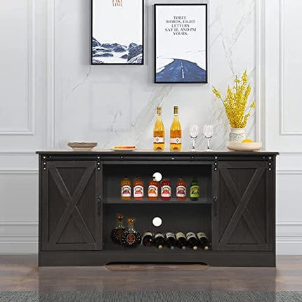 4 EVER WINNER Buffet Cabinet with Storage and Barn Doors, Farmhouse Coffee Bar Cabinet Sideboard Buffet Storage Cabinet for Living Room Dinning Room Kitchen Storage Cabinets, Espresso