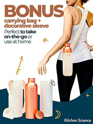 100% Pure Copper Designer Water Bottle (34 OZ/ 1000 ml) w/ Carrying Canvas Bag & Sleeve