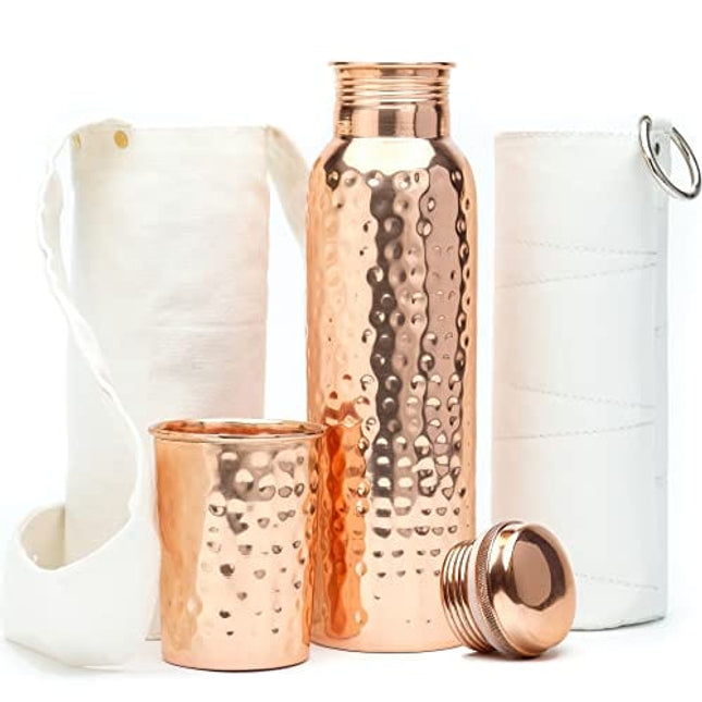 Kitchen Science Copper Water Bottle (34oz/1000 ml) w/ Copper Tumbler, Carrying Bag & Deco Sleeve | Pure Copper Bottle for Drinking Water | Lab-Tested, Leak-Proof | Authentic Ayurvedic Copper Bottle