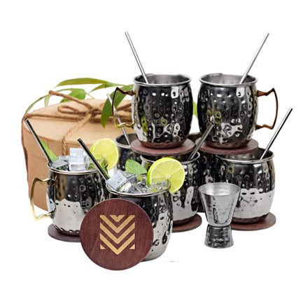 Advanced Mixology [Gift Set] Black Moscow Mule Mugs (18oz) | Black Mule Mug w/Gunmetal Finish | Comes w/Straws, Coasters, Jigger, Spoon & Brush | Black Tin Mugs (3 - Set of 8)
