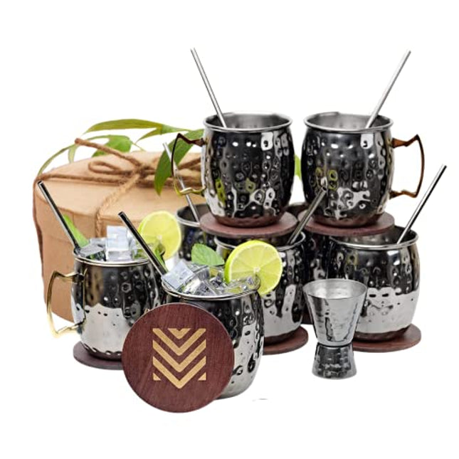 Advanced Mixology [Gift Set] Black Moscow Mule Mugs (18oz) | Black Mule Mug w/Gunmetal Finish | Comes w/Straws, Coasters, Jigger, Spoon & Brush | Black Tin Mugs (3 - Set of 8)
