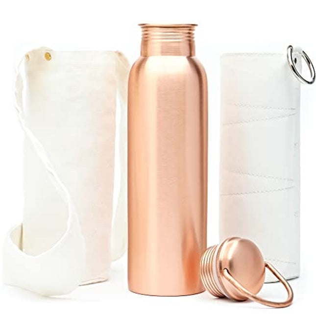 Kitchen Science Authentic Ayurvedic 100% Pure Copper Water Bottle (34 Oz/ 1000ml) w/ Carrying Canvas Bag & Sleeve| Leak-Proof