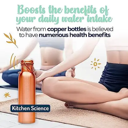 Kitchen Science Authentic Ayurvedic 100% Pure Copper Water Bottle (34 Oz/ 1000ml) w/ Carrying Canvas Bag & Sleeve| Leak-Proof