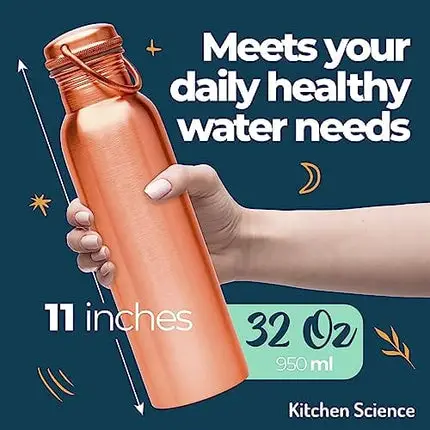 Kitchen Science Authentic Ayurvedic 100% Pure Copper Water Bottle (34 Oz/ 1000ml) w/ Carrying Canvas Bag & Sleeve| Leak-Proof