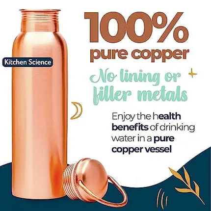 Kitchen Science Authentic Ayurvedic 100% Pure Copper Water Bottle (34 Oz/ 1000ml) w/ Carrying Canvas Bag & Sleeve| Leak-Proof