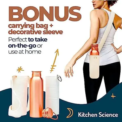 Kitchen Science Authentic Ayurvedic 100% Pure Copper Water Bottle (34 Oz/ 1000ml) w/ Carrying Canvas Bag & Sleeve| Leak-Proof