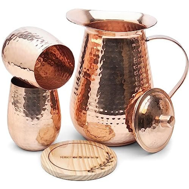 Kitchen Science Pure Copper Pitcher (70 oz. /2000 ml) with Copper Tumblers | Large Copper Water Pitcher for Drinking Water | Copper Vase | Copper Jug | Water Jug Set