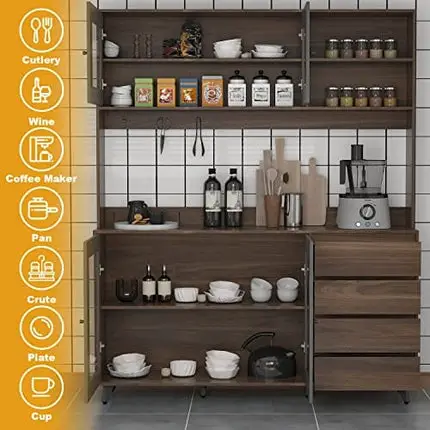 AIEGLE Large Kitchen Hutch Storage Cabinet, Pantry Cabinets with Hutch, Freestanding Cupboard with 4 Doors, 4 Drawers & Microwave Shelf, Kitchen Storage Buffet, Dark Walnut (63" W x 15.7" D x 74.8" H)