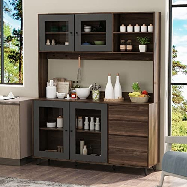 AIEGLE Large Kitchen Hutch Storage Cabinet, Pantry Cabinets with Hutch, Freestanding Cupboard with 4 Doors, 4 Drawers & Microwave Shelf, Kitchen Storage Buffet, Dark Walnut (63" W x 15.7" D x 74.8" H)