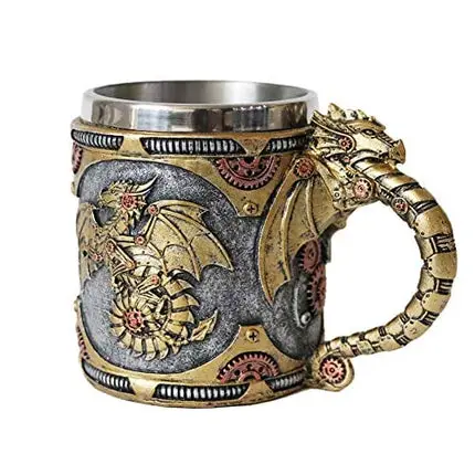 alikiki Steampunk Gearwork Mechanical Dragon Mug - Medieval Renaissance Dragons Beer Stein Tankard Stainless Coffee Cup Father Day Gift Mug for Dragon Collector Lovers Themed Party Decoration (14OZ)
