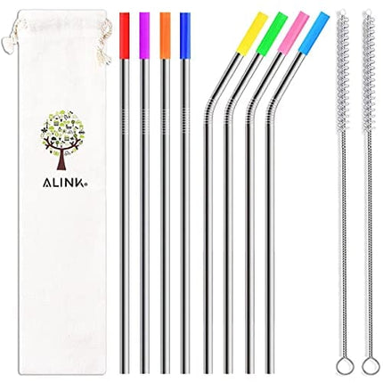 ALINK 8-Pack Stainless Steel Straws, 10.5” Long Reusable Replacement Metal Straws for 20 30 OZ Yeti Tumbler, RTIC, Tervis, Mason Jar, With 8 Silicone Tips, 2 Cleaning Brush and 1 Carrying Case