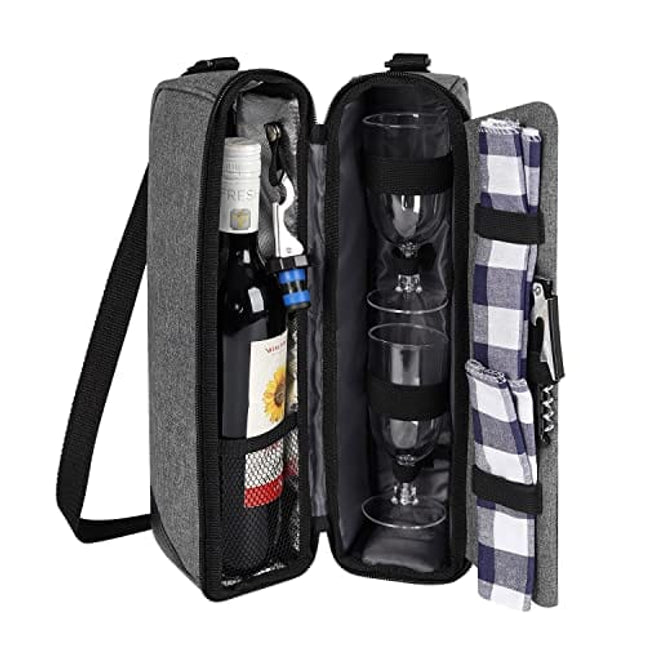 ALLCAMP Wine tote Bag with Cooler Compartment，Picnic Set Carrying Two sets of tableware（Gray）