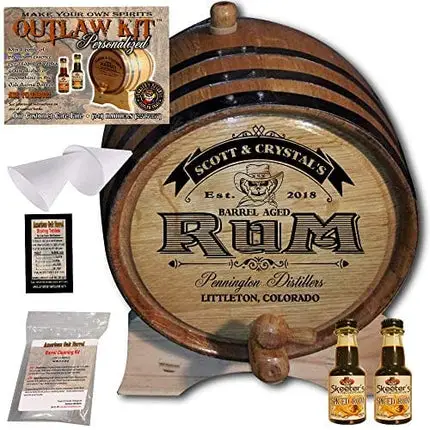 Personalized Rum Making Kit (100) - Create Your Own Spiced Rum - The Outlaw Kit from Skeeter's Reserve Outlaw Gear - MADE BY American Oak Barrel - (Oak, Black Hoops, 2 Liter)