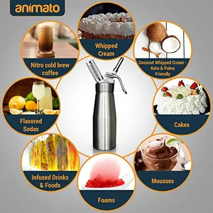 Animato Whipped Cream Chargers Dispenser - Nitro Cold Brew Coffee Maker Whipping Siphon. Leakproof Stainless Steel Decorating Tips with Bonus Cleaning Brushes, Recipe eBook. Aluminum 1 Pint Silver