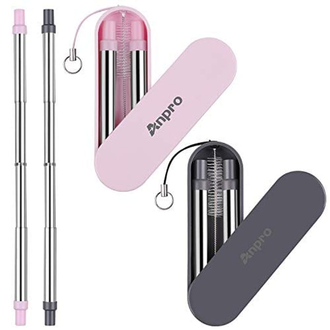 Anpro Portable Straw Collapsible Straw- Reusable Straws with Case, Stainless Steel Telescopic Metal Straws with Key Chain & Cleaning Brush For Travel, Home and Work,Bottle Brush-2 Pack
