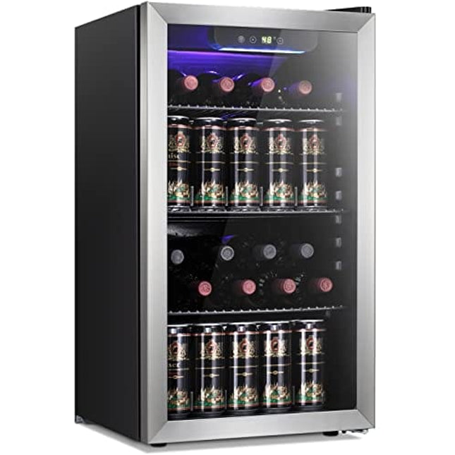 Antarctic Star 26 Bottle Wine Cooler/Cabinet Beverage Refrigerator Mini Wine Cellar Beer Soda Clear Glass Door Counter Top Bar Fridge Quiet Compressor Adjust Temp 130-Can Freestanding 3.2cu.ft Black