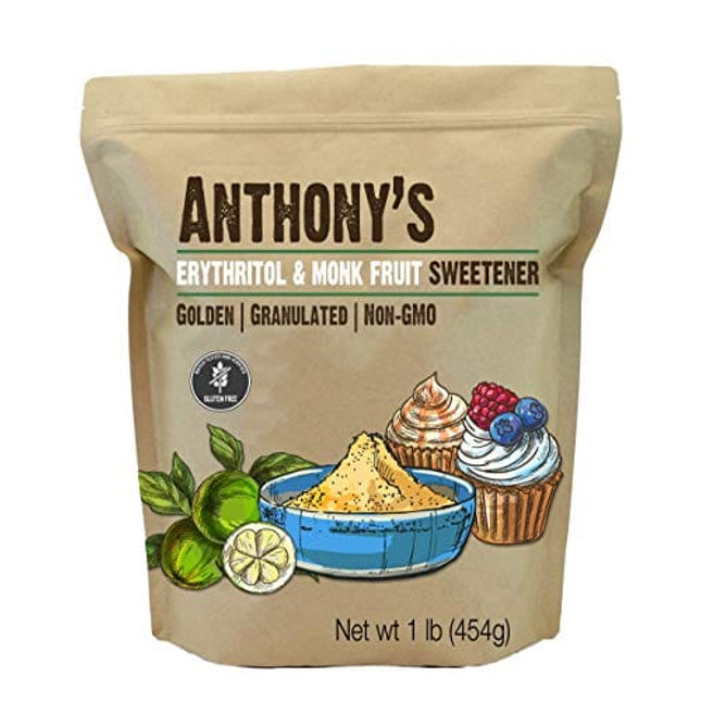 Anthony's Erythritol and Monk Fruit Sweetener Golden, 1 lb, Granulated, 1 to 1 Brown Sugar Substitute, Non GMO, Keto Friendly