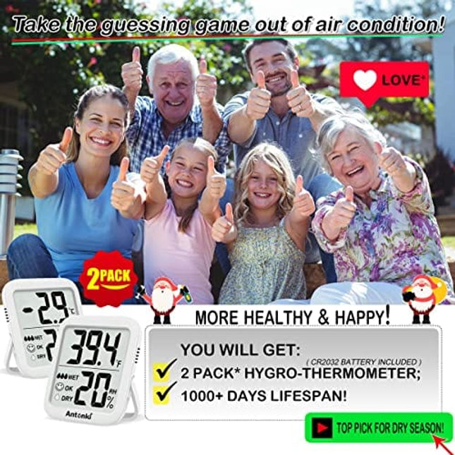 Antonki Room Thermometer Indoor Hygrometer, Humidity Gauge, Humidity Meter, Digital Temperature and Humidity Monitors for Home, Baby Room, Terrarium, Incubator, Greenhouse - 2 Pack