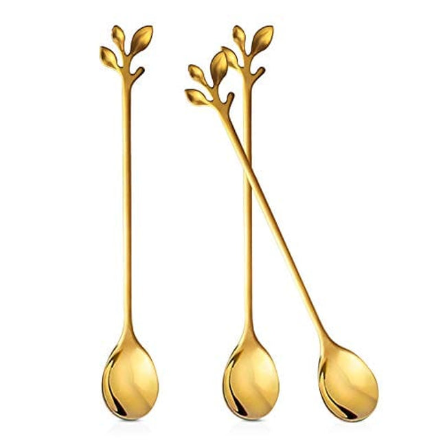 ANYI16 Long Handle Tea Coffee Spoons Set, 7.5" Stainless Steel Gold Leaf Teaspoons for Iced Tea, Coffee, Ice Cream, Dessert