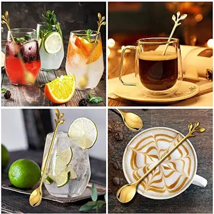 ANYI16 Long Handle Tea Coffee Spoons Set, 7.5" Stainless Steel Gold Leaf Teaspoons for Iced Tea, Coffee, Ice Cream, Dessert