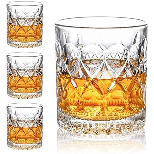 Aoeoe Whiskey Glasses Set of 4, 11 OZ Old Fashioned Glasses, Bourbon Glasses, Premium Scotch Glasses, Rocks Glasses, Cocktail Glasses, Clear Rum Glasses, Bar Glasses, Whiskey Glasses for Men