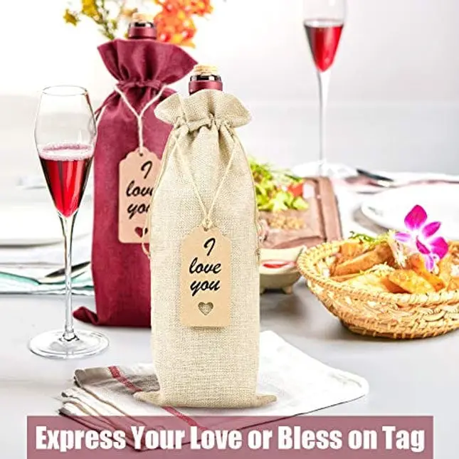 Burlap Wine Bags Wine Gift Bags, 12 Pcs Wine Bottle Bags with Drawstrings, Tags & Ropes, Reusable Wine Bottle Covers for Christmas, Wedding, Birthday, Travel, Holiday Party, Housewarming, Home Storage