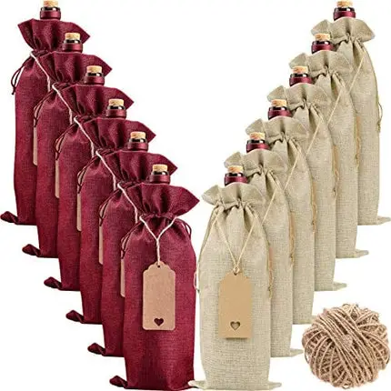 Burlap Wine Bags Wine Gift Bags, 12 Pcs Wine Bottle Bags with Drawstrings, Tags & Ropes, Reusable Wine Bottle Covers for Christmas, Wedding, Birthday, Travel, Holiday Party, Housewarming, Home Storage