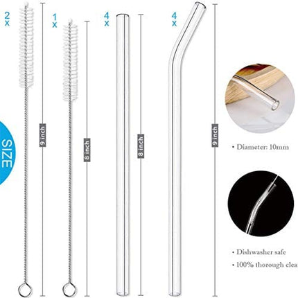 8pcs Glass Drinking Straws, Straight 9 inches x 10mm Bent 8.2 inches x 10mm, Reusable for Hot or Cold Drinks, Eco Friendly, Cleaning Brushes Included