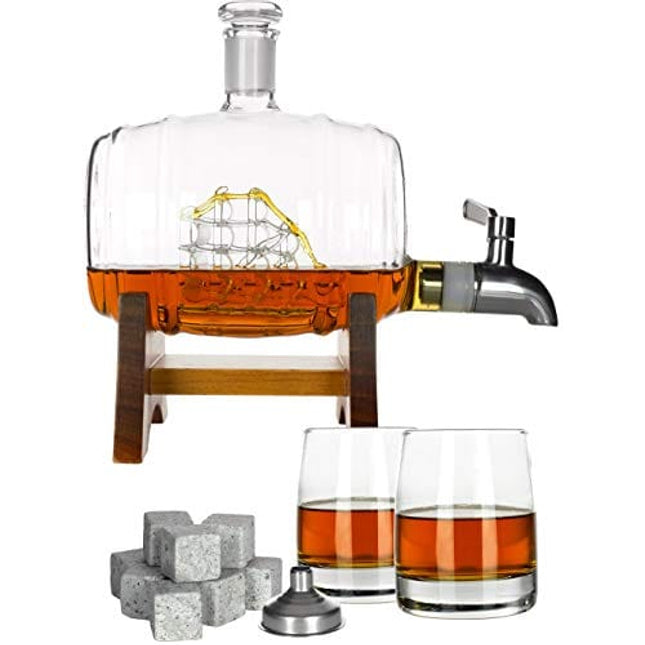 Atterstone Barrel Whiskey Decanter Set - 2 Heavy Whiskey Glasses, 9 Chilling Whisky Stones, for Liquor, Scotch, Bourbon, Whiskey, Brandy - 1000ml Decanter