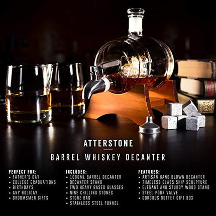 Atterstone Barrel Whiskey Decanter Set - 2 Heavy Whiskey Glasses, 9 Chilling Whisky Stones, for Liquor, Scotch, Bourbon, Whiskey, Brandy - 1000ml Decanter