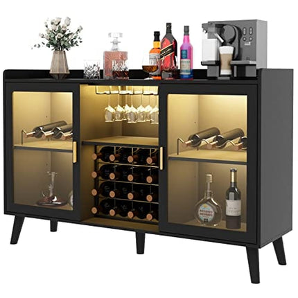 Auromie Wine Bar Cabinet with Led Light, Home Coffee Cabinet with Wine and Glass Rack, Kitchen Buffet Sideboard with Storage Shelves, Freestanding Liquor Cabinet for Living Room, Dining Room, Black