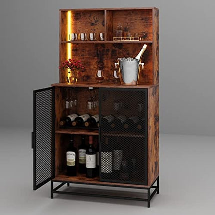 Auromie Wine Bar Cabinet with LED Lights, 4-Tier Coffee Bar Cabinets with Storage Shelves, Industrial Kitchen Storage Cabinet with Wine Rack, Freestanding Liquor Cabinet with Glass Holder, Rustic