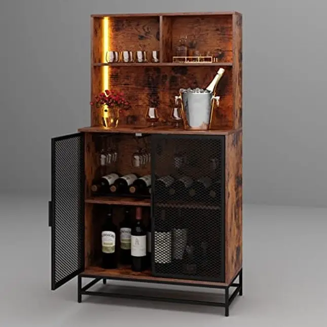 Auromie Wine Bar Cabinet with LED Lights, 4-Tier Coffee Bar Cabinets with Storage Shelves, Industrial Kitchen Storage Cabinet with Wine Rack, Freestanding Liquor Cabinet with Glass Holder, Rustic