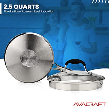 AVACRAFT Stainless Steel Saucepan with Glass Lid, Strainer Lid, Two Side Spouts for Easy Pour with Ergonomic Handle, Multipurpose Sauce Pan with Lid, Sauce Pot (Tri-Ply Capsule Bottom, 2.5 Quart)
