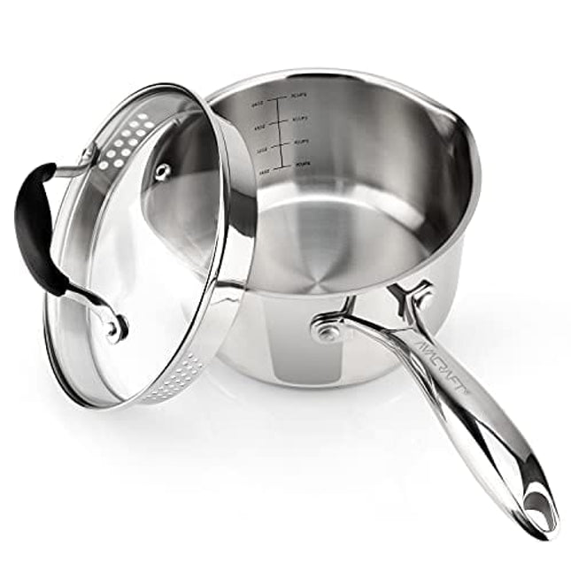 AVACRAFT Stainless Steel Saucepan with Glass Lid, Strainer Lid, Two Side Spouts for Easy Pour with Ergonomic Handle, Multipurpose Sauce Pan with Lid, Sauce Pot (Tri-Ply Capsule Bottom, 2.5 Quart)