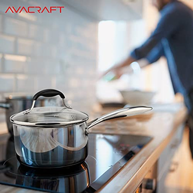 AVACRAFT Stainless Steel Saucepan with Glass Lid, Strainer Lid, Two Side Spouts for Easy Pour with Ergonomic Handle, Multipurpose Sauce Pan with Lid, Sauce Pot (Tri-Ply Capsule Bottom, 2.5 Quart)