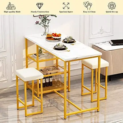 AWQM Bar Table Set for 2, Dining Table and Chairs Set, Kitchen Table Set with 3 Storage Shelf, Faux Mable Bar Table with 2 Stools, Gold and White Island Table Set, Space Saving