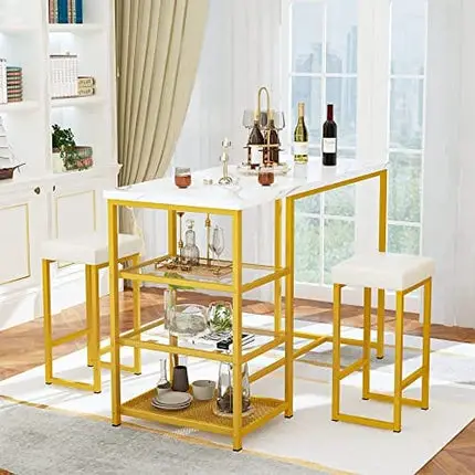 AWQM Bar Table Set for 2, Dining Table and Chairs Set, Kitchen Table Set with 3 Storage Shelf, Faux Mable Bar Table with 2 Stools, Gold and White Island Table Set, Space Saving