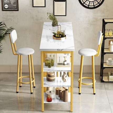AWQM Bar Table Set of 2 with Storage Shelves, 47" White Faux Marble Dining Set with 2 upholstered Counter Height Backrest Chairs, 3-Piece Dining Set for 2, Space Saving Table for Home & Kitchen