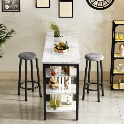 AWQM Bar Table Set with Storage Shelves, 47" Modern White Faux Marble Breakfast Table with 2 Velvet Stools, 3-Piece Dining Set for 2, Space Saving Table for Kitchen/Dinning Room/Living Room/Studio
