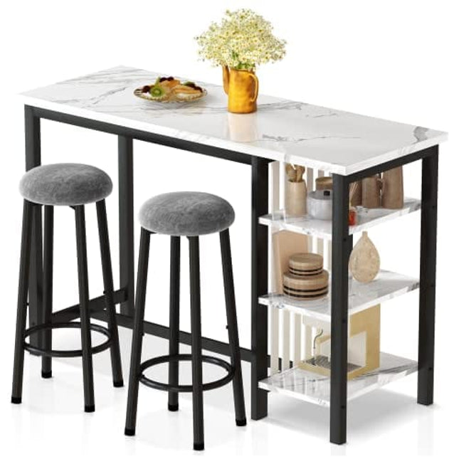 AWQM Bar Table Set with Storage Shelves, 47" Modern White Faux Marble Breakfast Table with 2 Velvet Stools, 3-Piece Dining Set for 2, Space Saving Table for Kitchen/Dinning Room/Living Room/Studio
