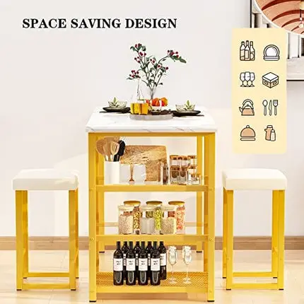 AWQM Gold Bar Table Set for 2,Kitchen Table with Storage Faux Marble Counter Height Table with Stools Bar Table and Chairs Set,Dinning Table Set for Small Space